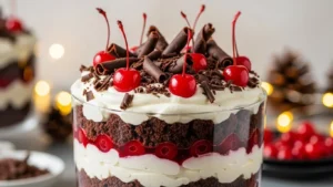 Delicious Black Forest Trifle with layers of chocolate, cherries, and whipped cream