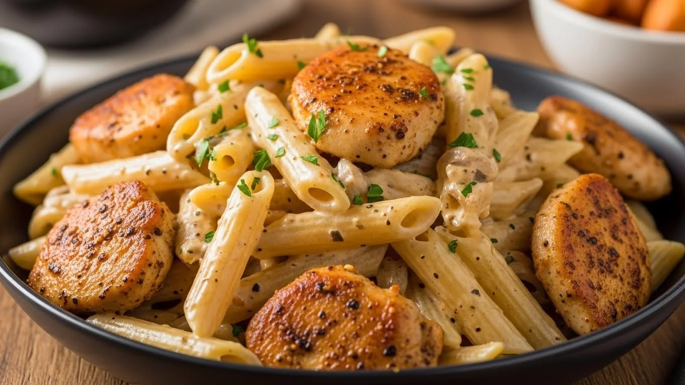 Delicious plate of Cajun Chicken Pasta with spices, chicken, and creamy sauce