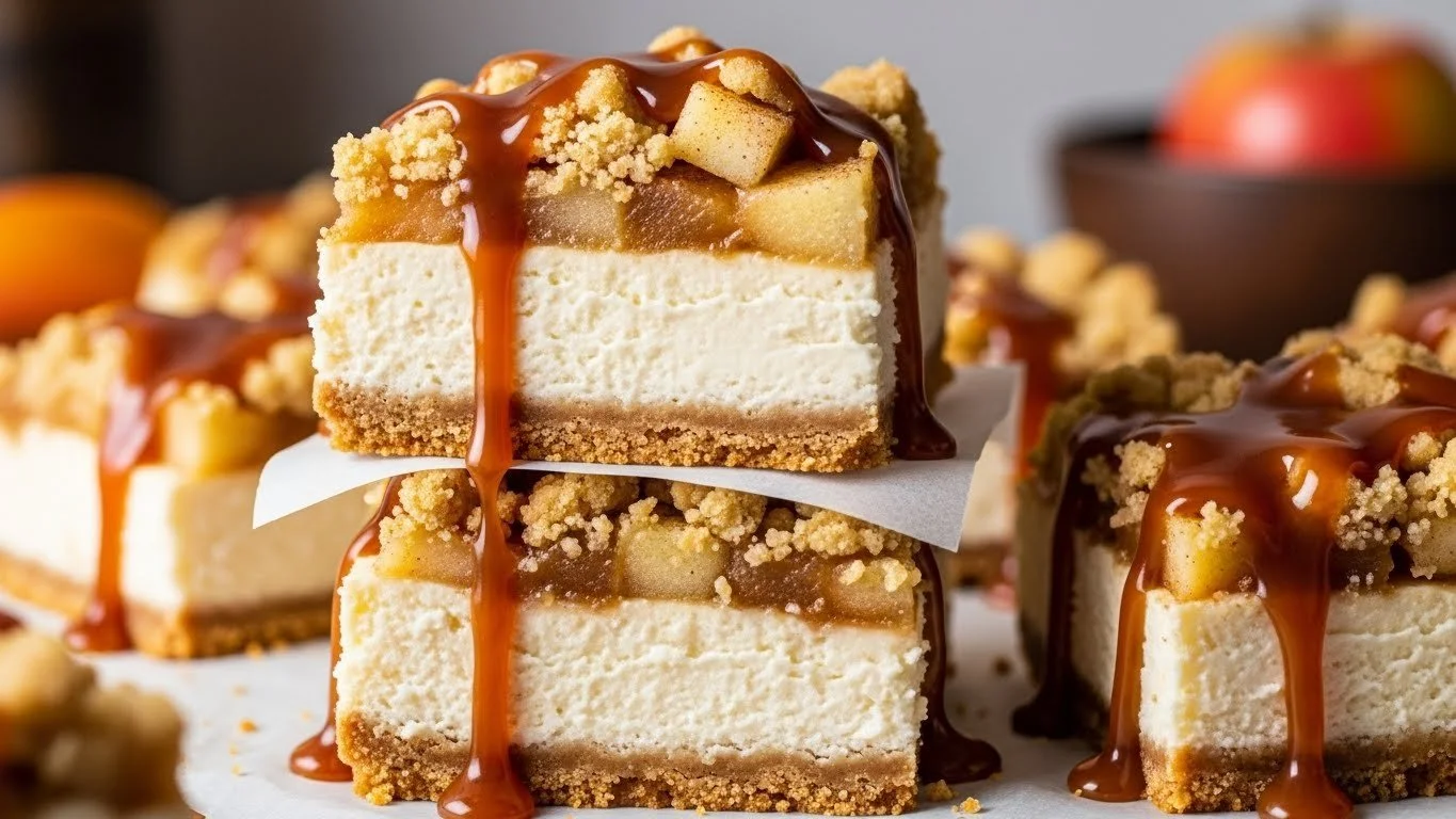 Delicious caramel apple cheesecake bars served on a plate
