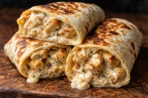 Cheesy chicken garlic wraps served on a plate with fresh ingredients.