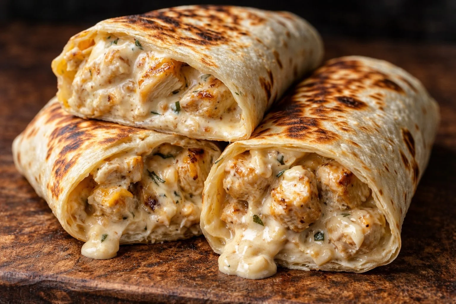 Cheesy chicken garlic wraps served on a plate with fresh ingredients.