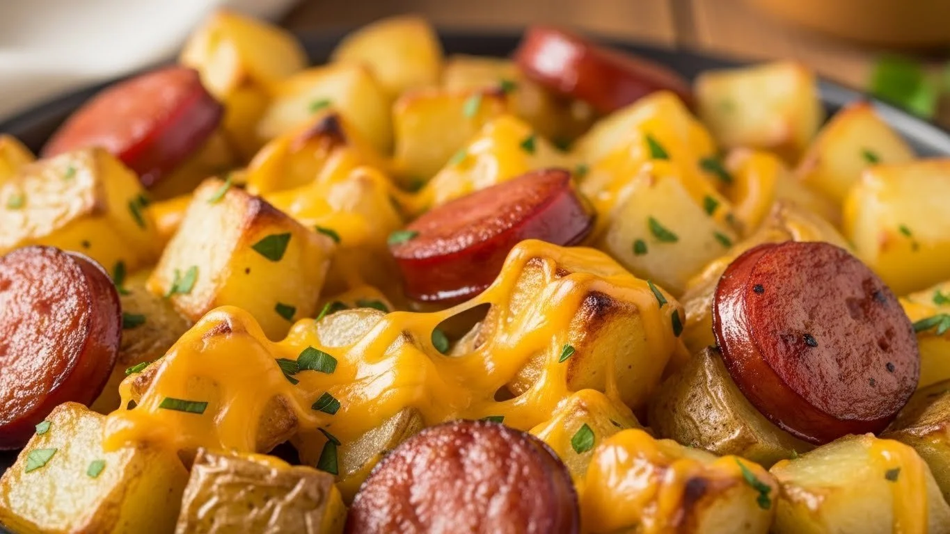 Cheesy ranch potatoes served with smoked sausage on a plate