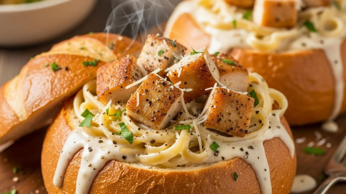 Delicious Chicken Alfredo served in garlic bread bowls for a unique dining experience.