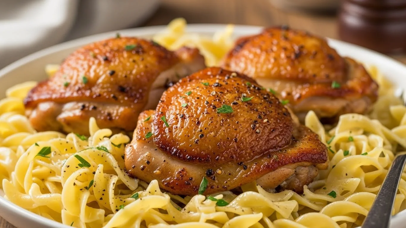 Plate of Chicken with Buttered Noodles garnished with herbs