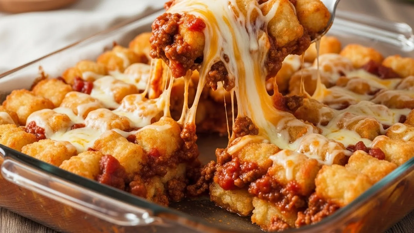 Chili Cheese Tater Tot Casserole served in a baking dish with toppings.