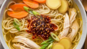 Bowl of classic ginger garlic chicken noodle soup garnished with herbs