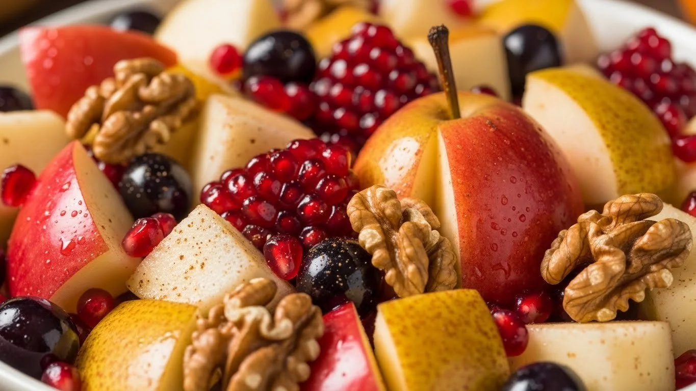 Colorful fall fruit salad with apples, pears, and seasonal fruits in a bowl
