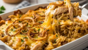 Delicious French Onion Chicken Orzo Casserole ready to serve