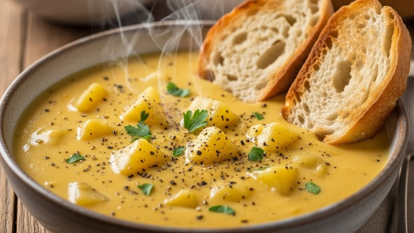 Creamy cheddar garlic herb potato soup topped with fresh herbs and cheese.
