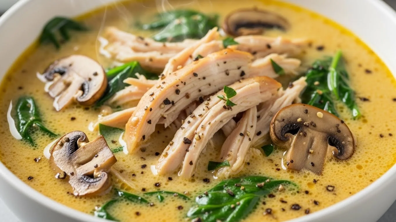 Warm bowl of rotisserie chicken mushroom soup topped with herbs.