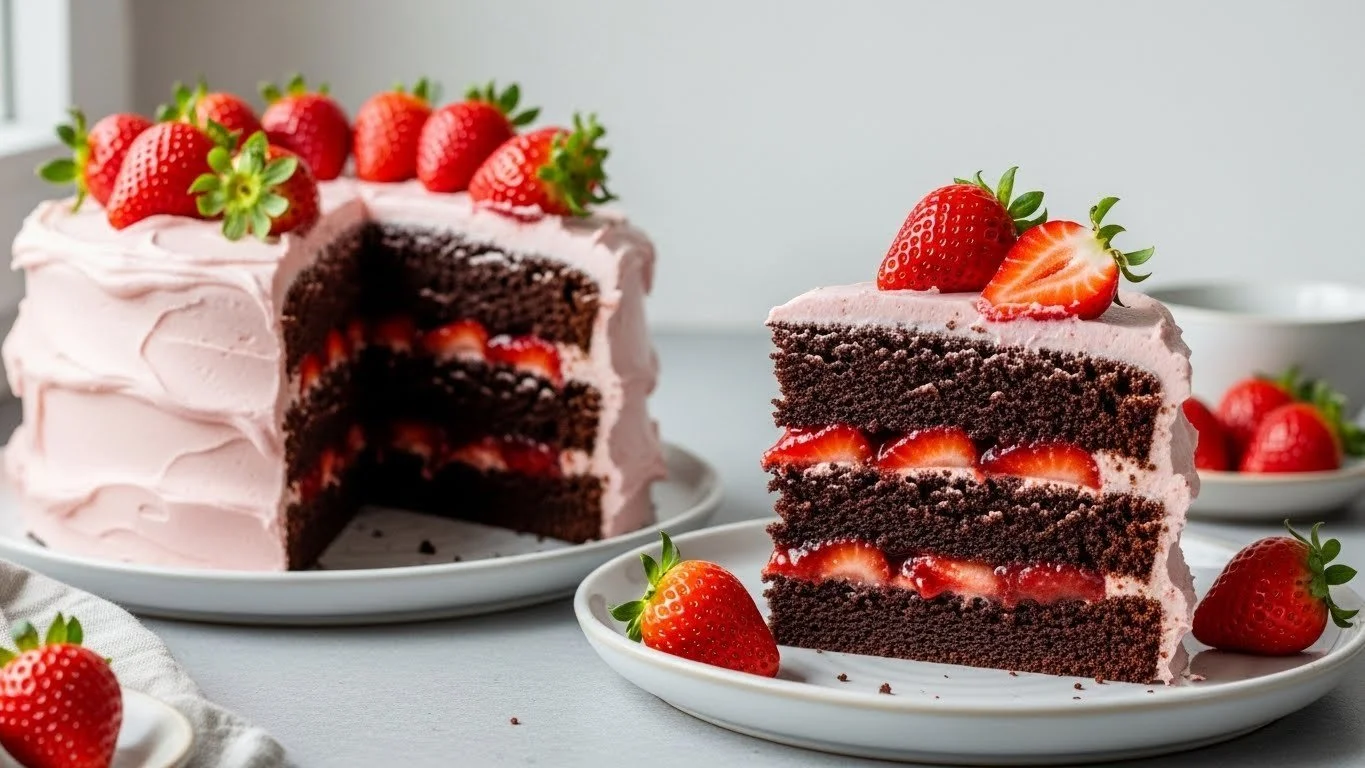 Delicious strawberry chocolate cake with fresh strawberries and chocolate frosting