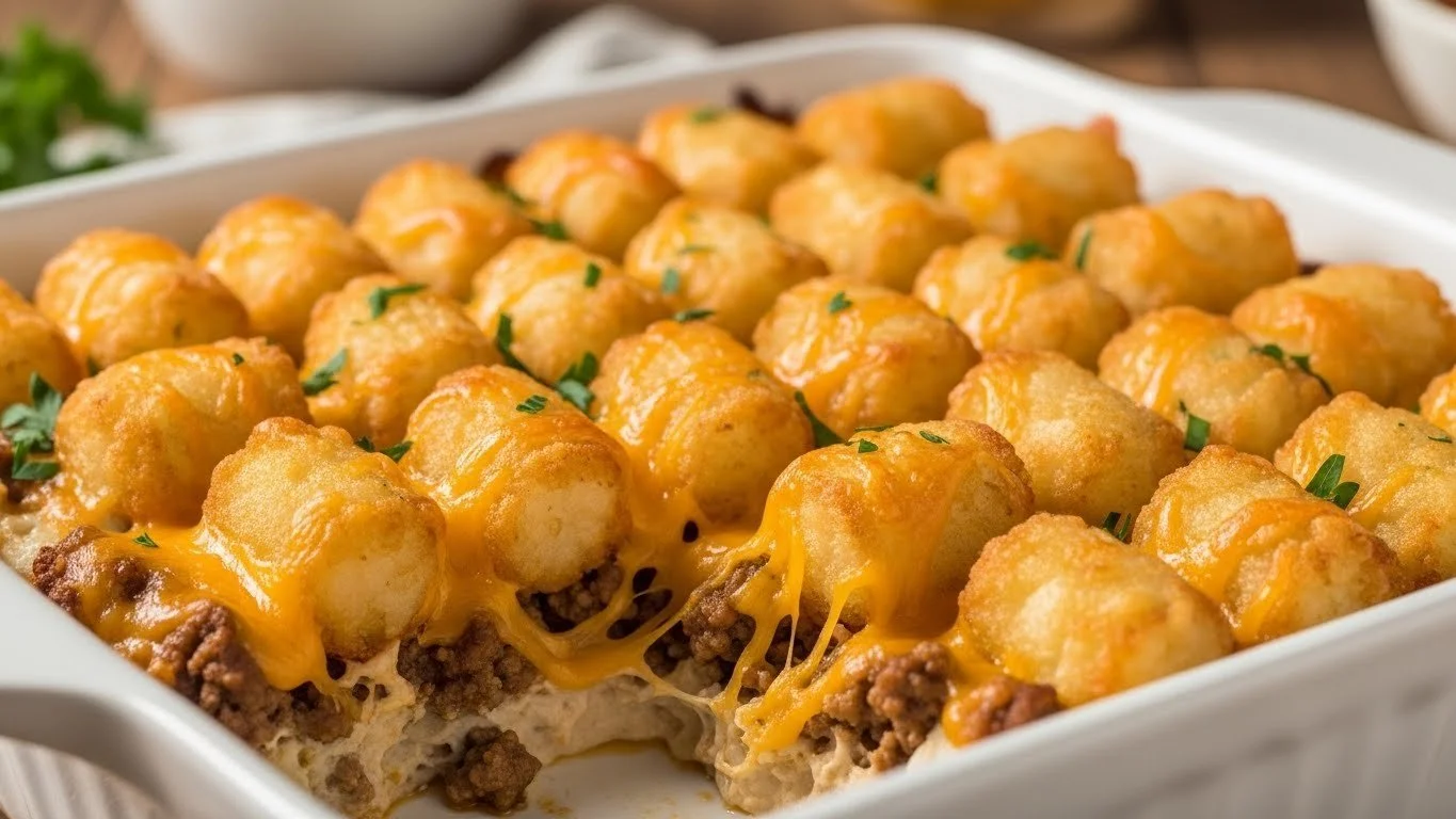 Tater Tot Casserole topped with golden crispy tater tots and melted cheese